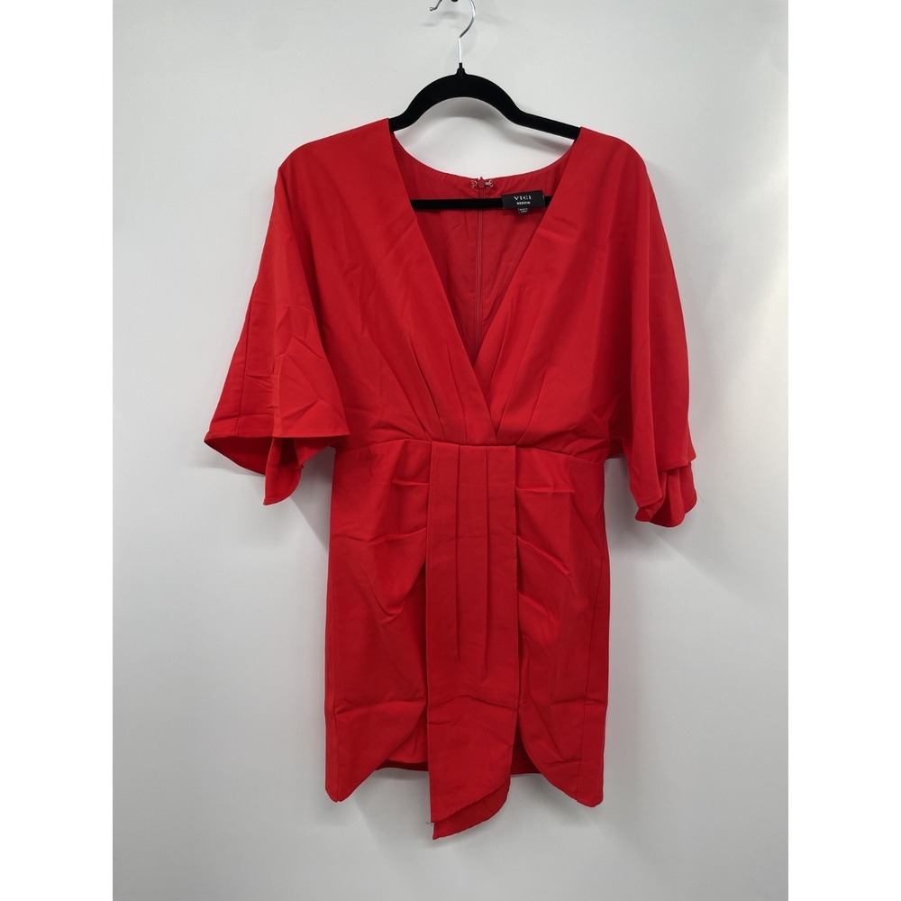 Vici Porticia Mini Dress Women's Medium Red V-Neck Draped Front Kimono Sleeve